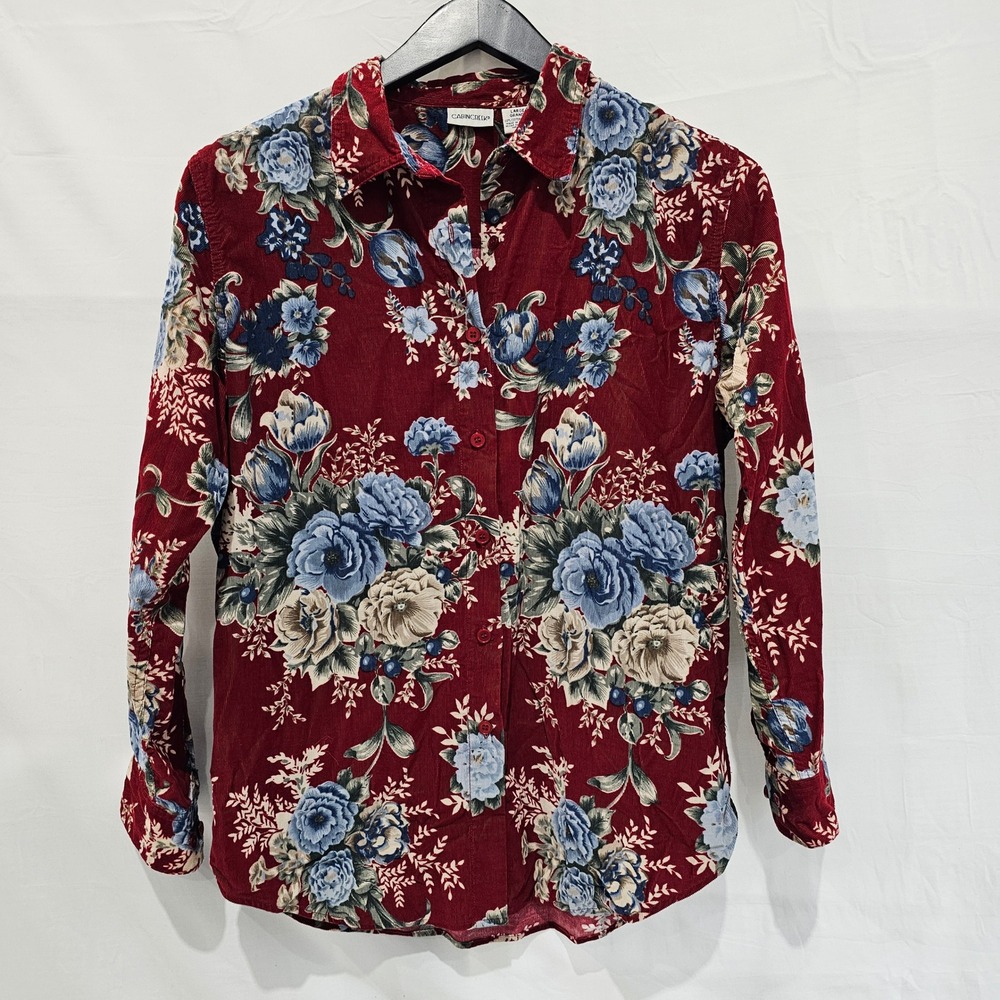 Cabin Creek Womens Large Red Floral Corduroy Button Down Long Sleeve Shirt